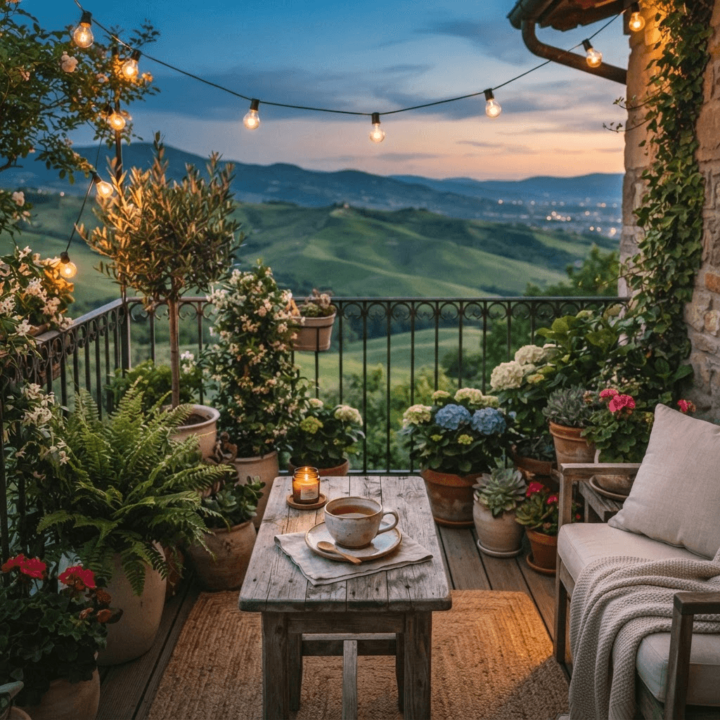 A plant-filled balcony overlooking soft green hills at dusk with a cup of tea