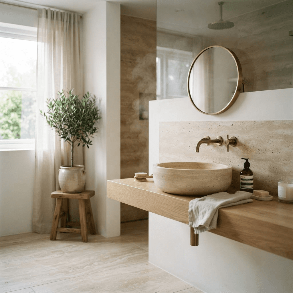 A calm spa-like minimal bathroom with travertine, wood and brass fixtures