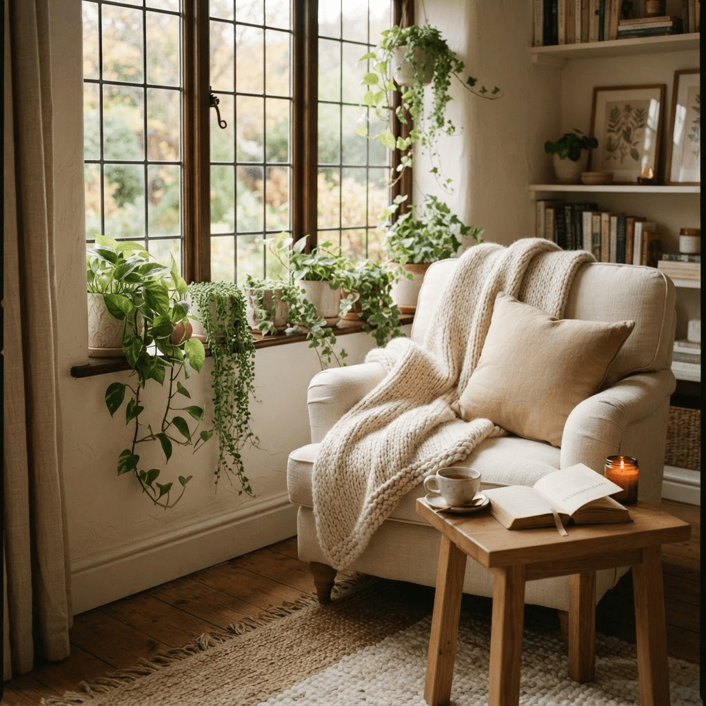An intimate cozy reading corner by a window with an armchair and a throw