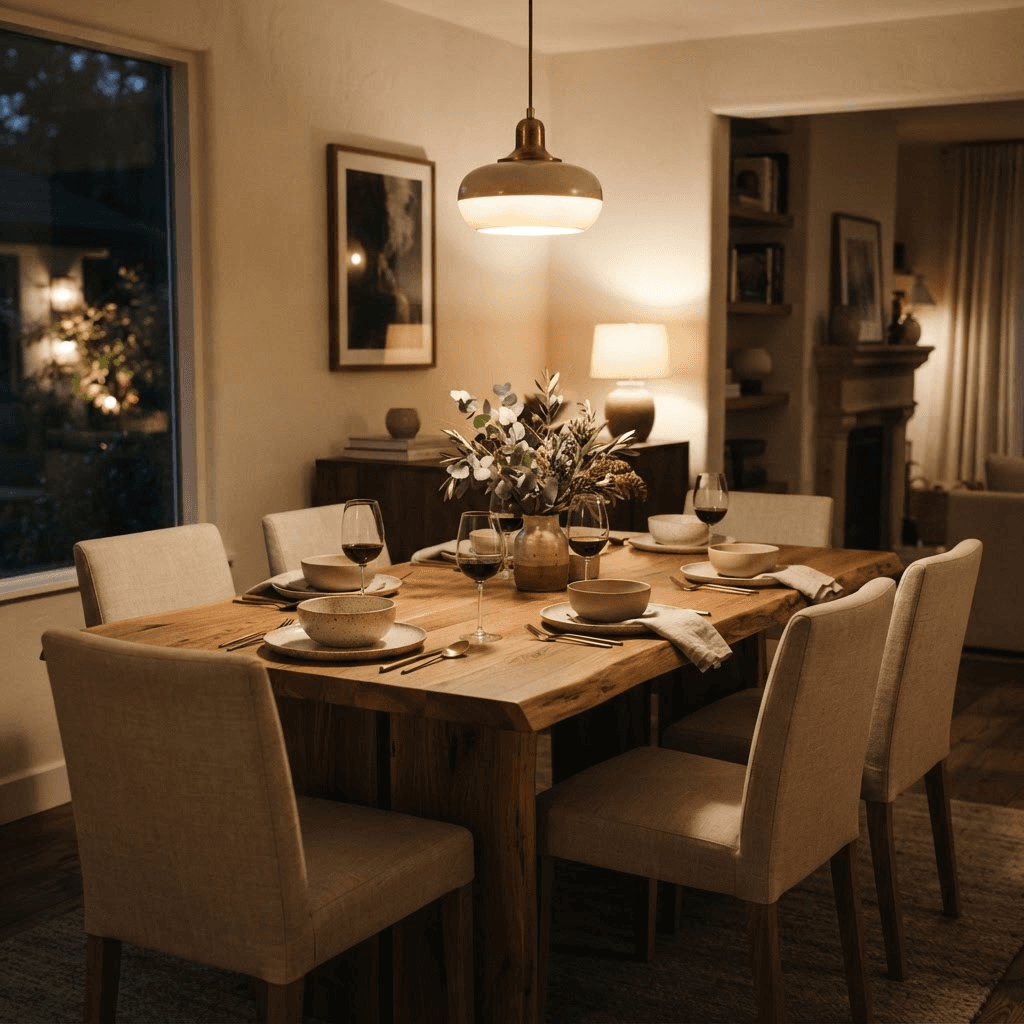 A warm dining area in the evening with a wood table and a low pendant light