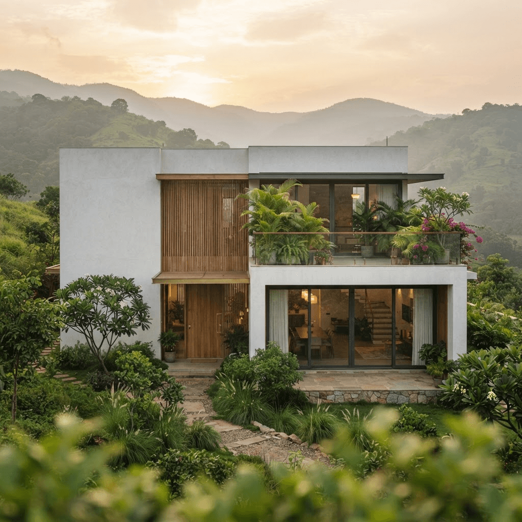 A serene modern Indian home at golden hour, surrounded by soft green hills