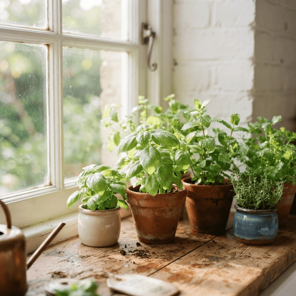 A sunlit window sill with small pots of basil, mint and coriander