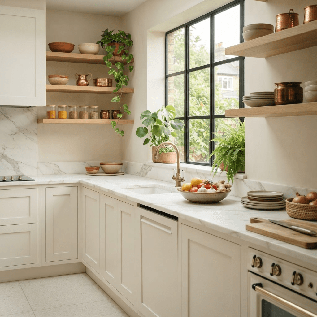 A fresh minimal modern Indian kitchen with warm cabinetry and morning light