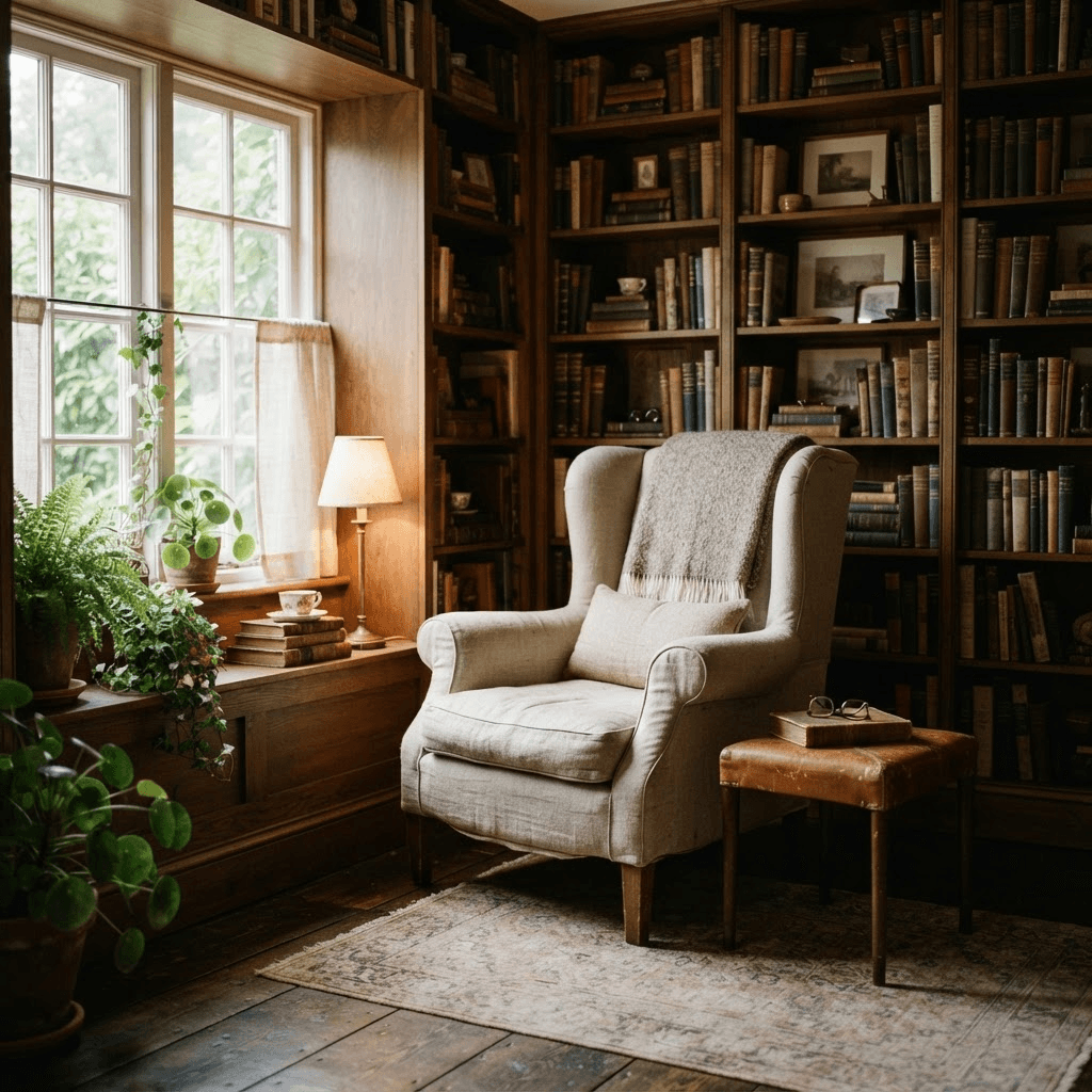 A cozy home library with warm wood shelves, a reading chair and window light