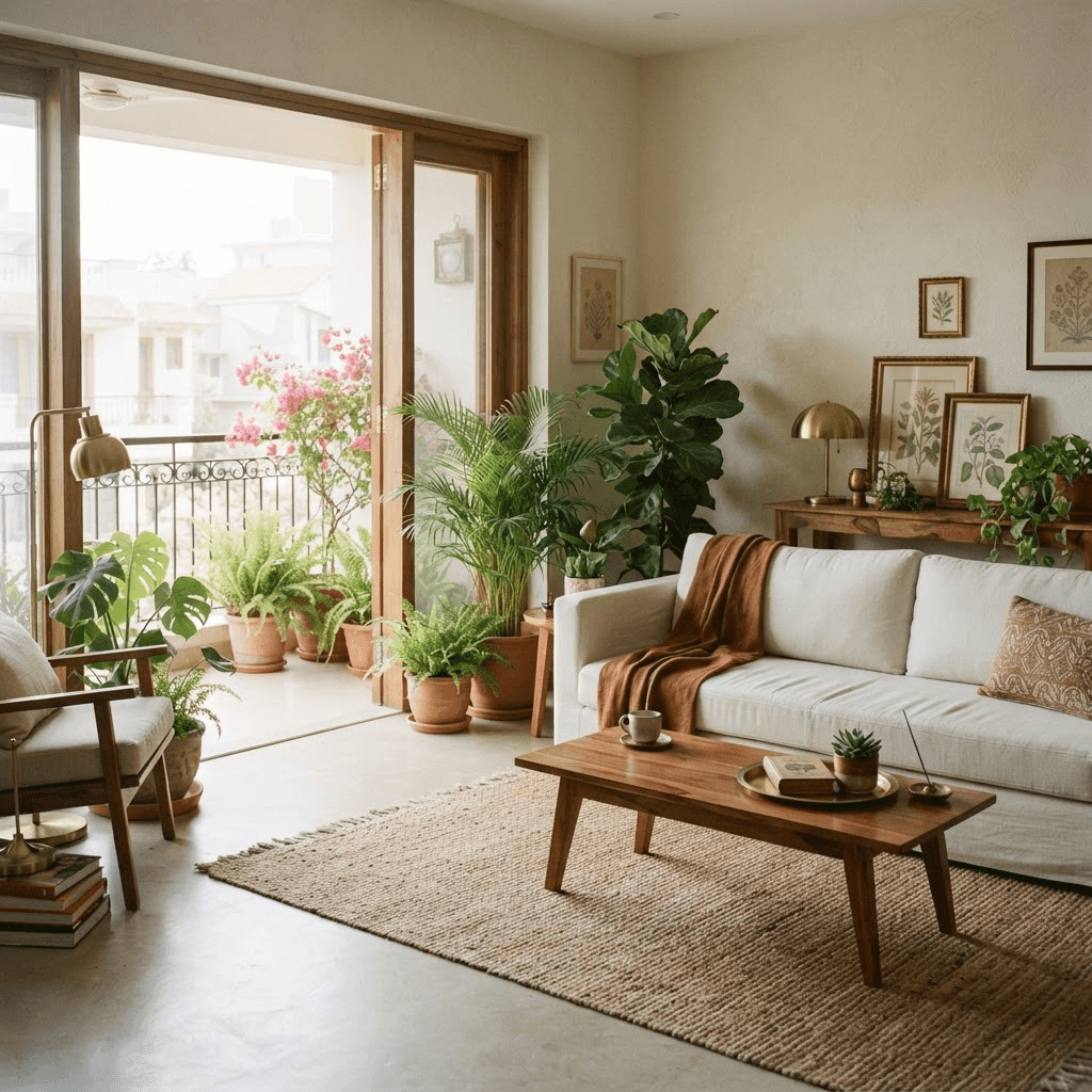 A warm, minimal living room with linen sofa, plants and a bright balcony beyond
