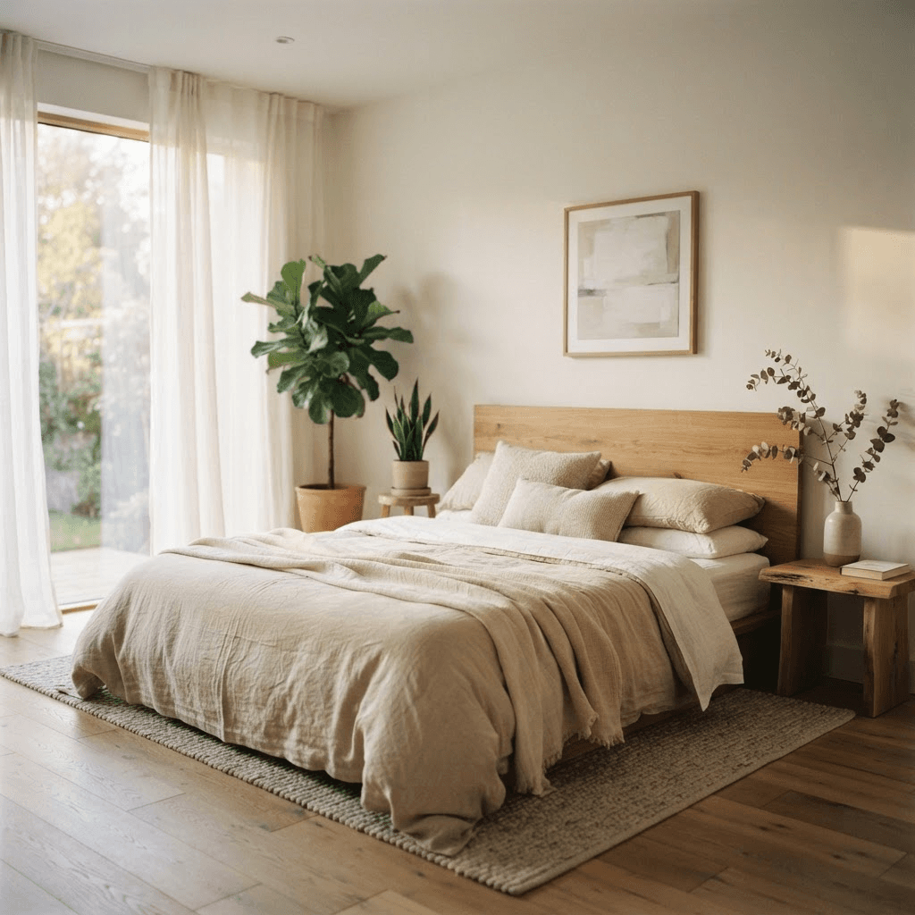 A peaceful minimal bedroom with white and beige linen and soft morning light