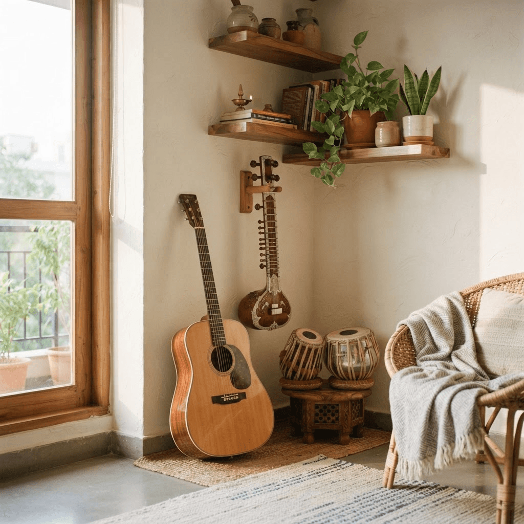 A minimal music corner with an acoustic guitar and a sitar in warm afternoon light