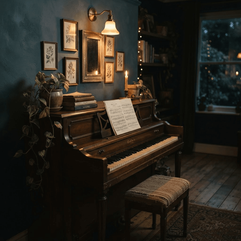 An intimate piano corner at night with very low warm lighting