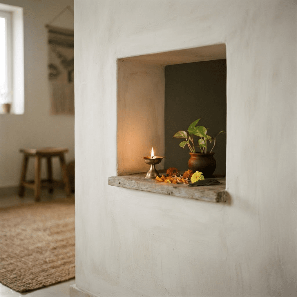 A minimal private spiritual corner with soft candlelight and a brass diya