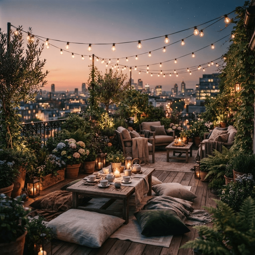 A rooftop terrace garden at dusk with plants, string lights and a tea table