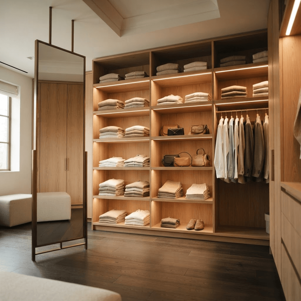 A minimal walk-in wardrobe with warm wood shelving and soft lighting