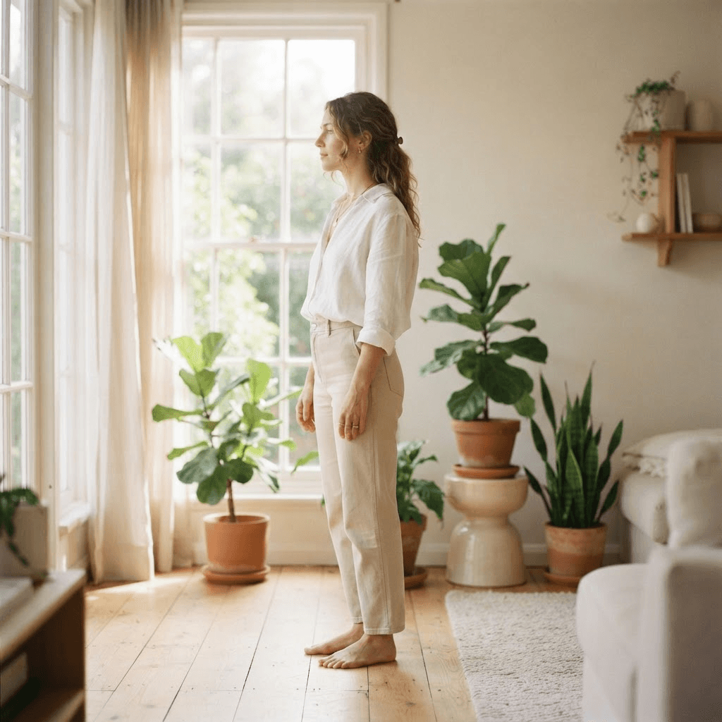 Placeholder portrait — standing peacefully in the living room