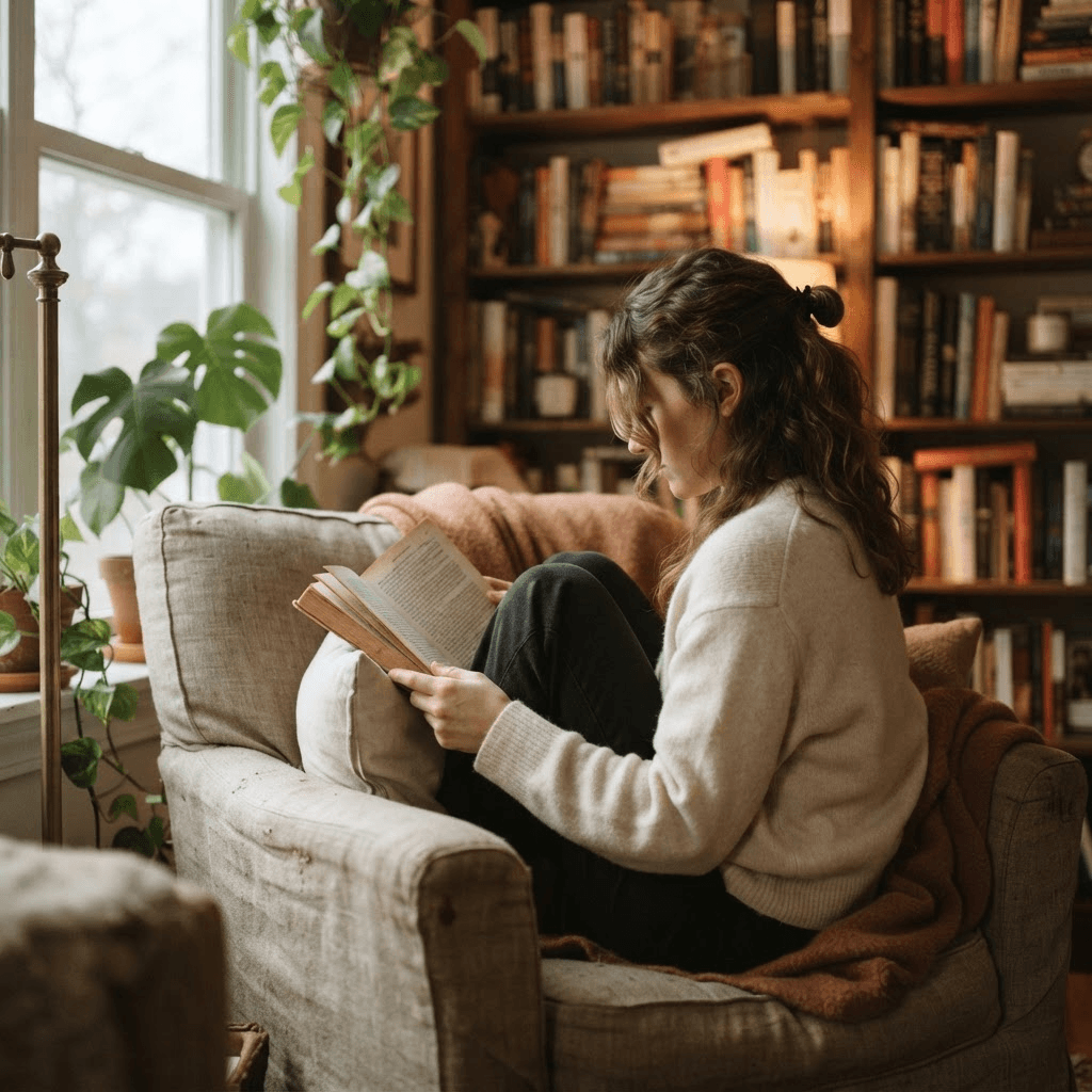 Placeholder portrait — reading in the nook