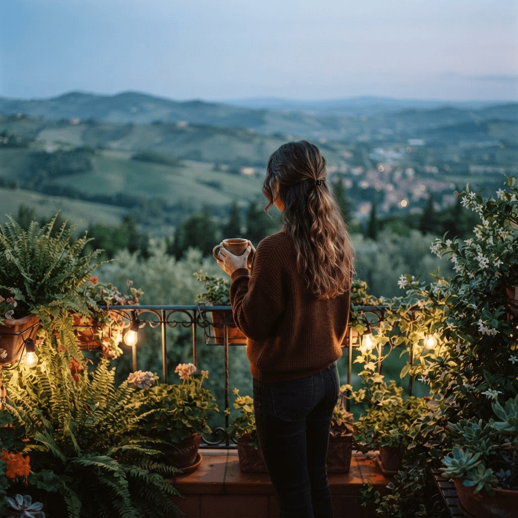 Placeholder portrait — at the balcony with tea
